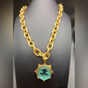 Susan Shaw Aqua Venetian Glass Fleur De Lis Intaglio 24k gold-plated necklace